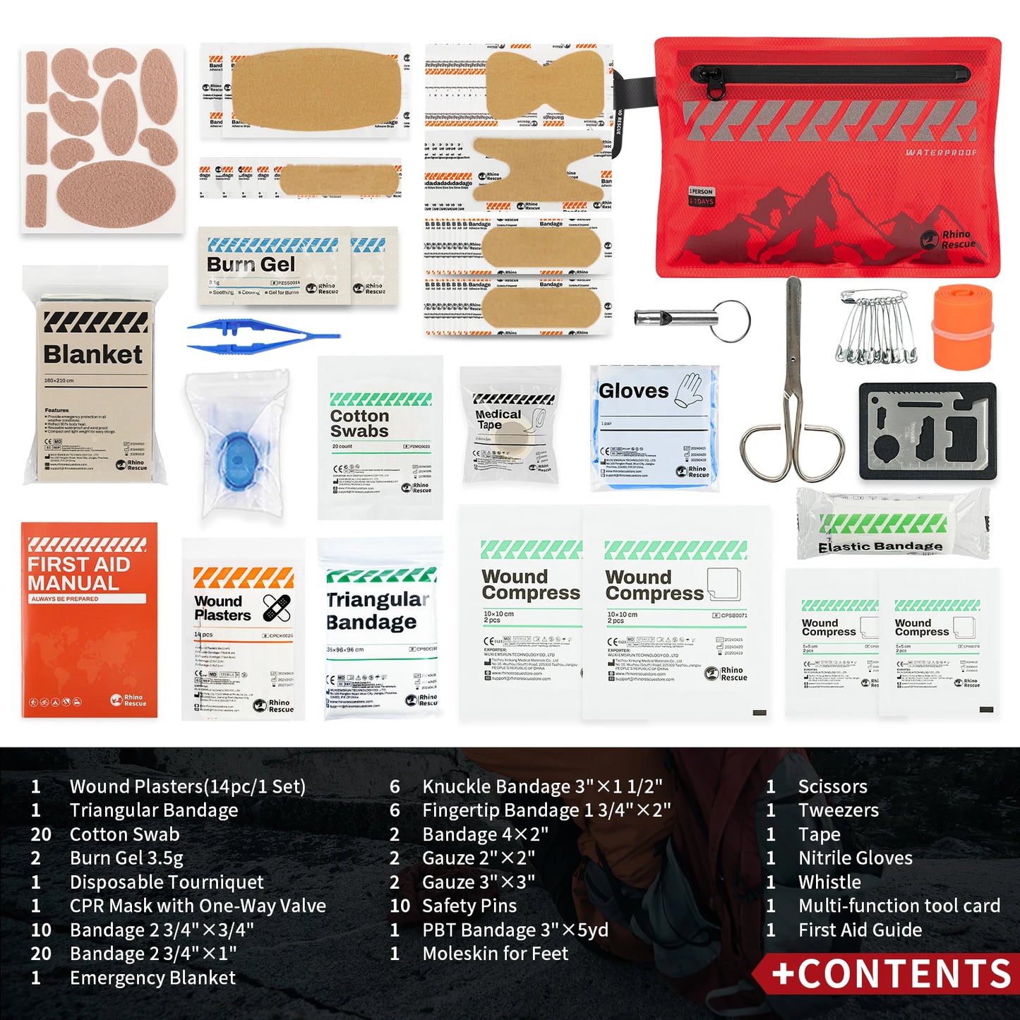 Rhino Rescue Small First Aid Kit - Ultralight Waterproof Medical Kit for Hiking Backpacking Cycling Travel Vehicles