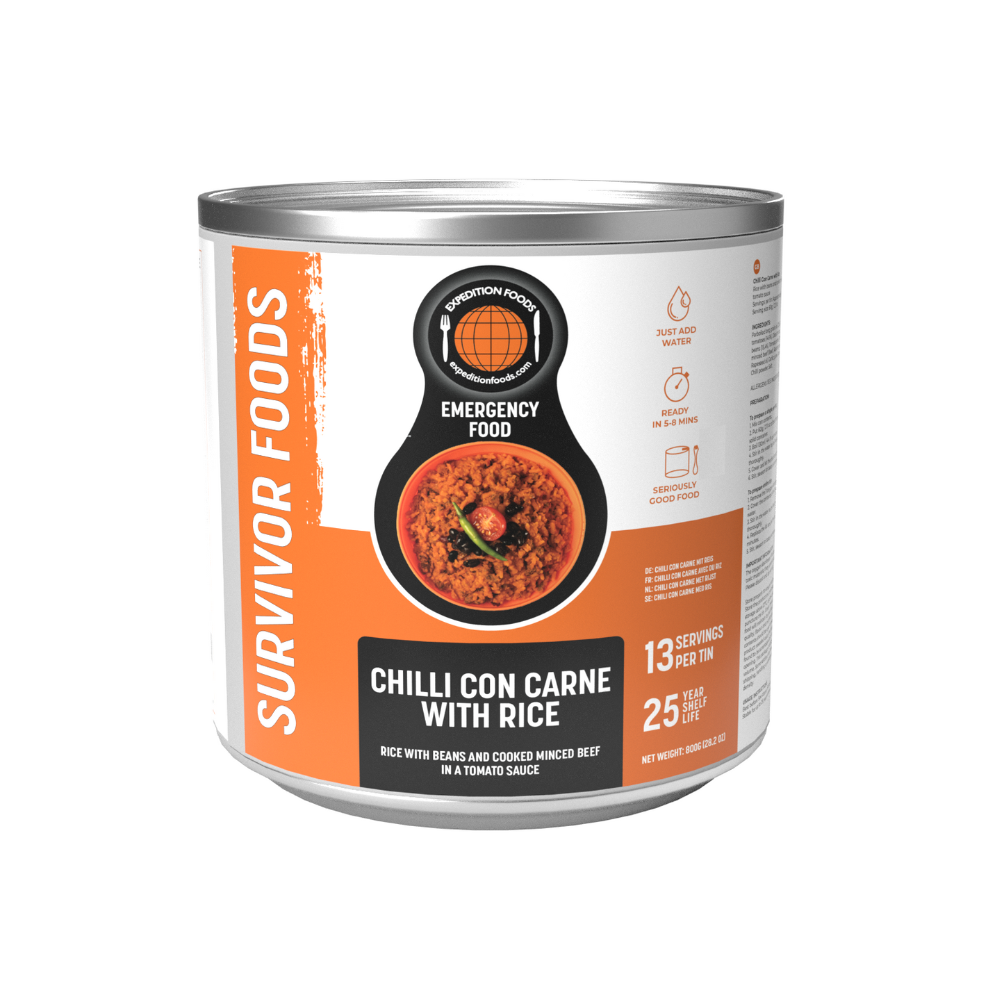 Survivor Food Tin - 25yr life - Chilli con carne with Rice