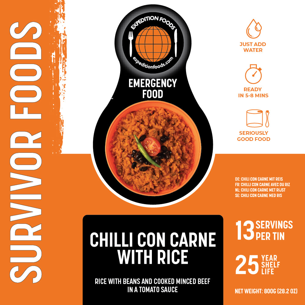 Survivor Food Tin - 25yr life - Chilli con carne with Rice